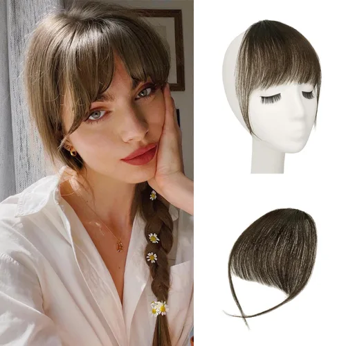 Vista 32 de BARSDAR Flequillo postizo de pelo humano real - Flequillo postizo 100% pelo humano para mujeres - Extensiones de flequillo ondulado castaño rojizo
