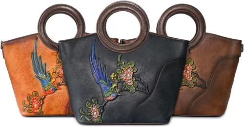 Vista 6 de Bolso bandolera de cuero genuino para mujer, bolso hecho a mano, bolso vintage de cuero en relieve, bolso de mano