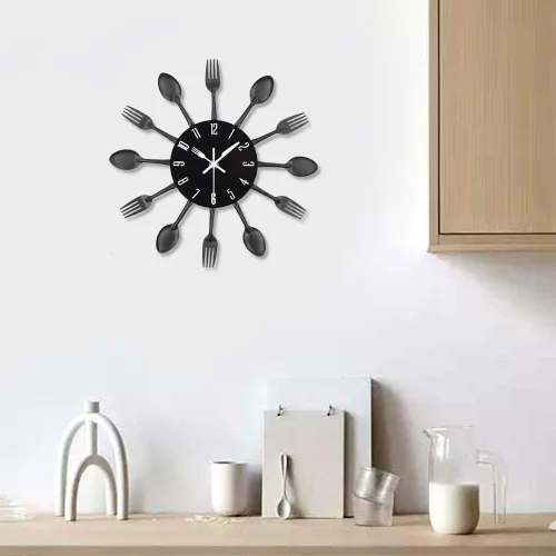 Vista 8 de Reloj de pared de cocina Timelike, reloj de cocina de cubertería 3D extraíble moderno creativo, cuchara y tenedor, reloj de pared con espejo Negro