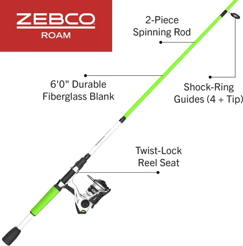 Vista 2 de Zebco Roam - Combo de carrete giratorio y caña de pescar, caña de fibra de vidrio de 6 pies, mango Split ComfortGrip, pomo de mango Soft-Touch