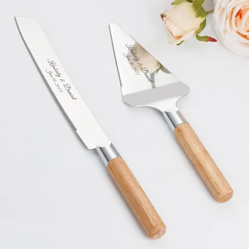 Vista 7 de Juego de corte de pasteles personalizado para bodas, cuchillos de pastel y servidor, grabado gratis, cortador de pastel de postre de madera Plateado