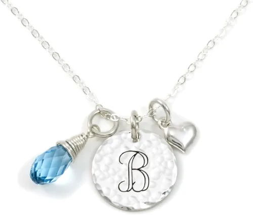 Vista 9 de Keep It Simple - Collar con dije de inicial personalizado de plata y collar con dije de corazón con piedra de nacimiento Swarovski Briolette.