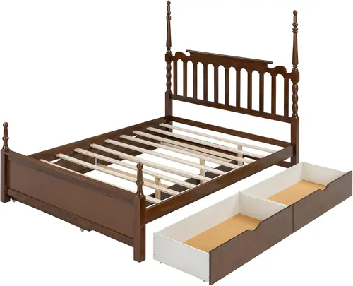 Vista 6 de MERITLINE Cama de plataforma tamaño Queen con cama nido individual XL y 2 cajones de almacenamiento, marco de cama de plataforma de madera maciza