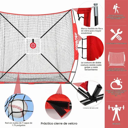 Vista 2 de 6'x6' Baseball Softball Practice Net, Batting Tee & Ball Caddy Rojo-B