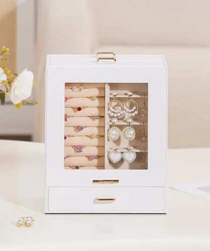 Vista 5 de Homde Organizador de joyas para niñas y mujeres, joyero para collares, anillos, aretes, regalo de Navidad, pulseras (blanco + dorado)
