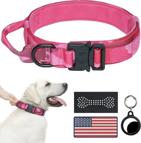 Vista 11 de Collar táctico para perro, collar con camuflaje digital para perros grandes, collar militar K9 ajustable y resistente con asa, con la bandera