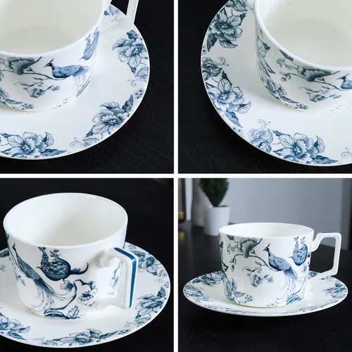 Vista 2 de fanquare Juego de taza de té y platillo de porcelana de hueso de 9 onzas para 1, taza de café azul y blanca con juego de platos, taza de té