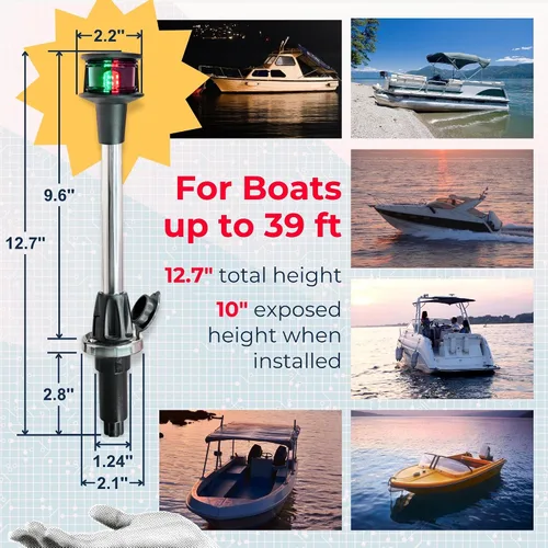 Vista 4 de Pactrade Marine Luces LED de navegación rojo y verde para barcos, poste extraíble de 12 pulgadas con base de liberación rápida de 2 pines, luces