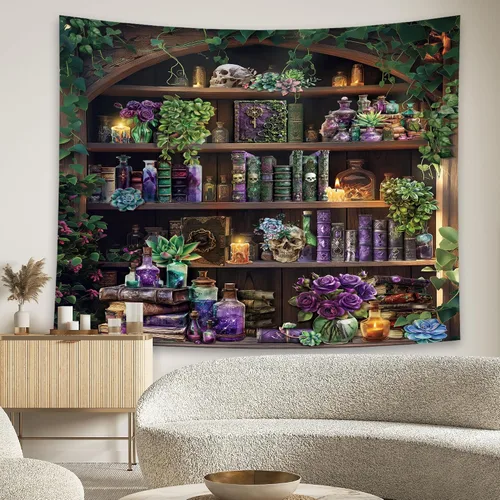 Vista 2 de SVBright Tapiz gótico de calavera de 59 pulgadas de ancho x 51 pulgadas de alto, estilo gótico, vintage, mago, negro, único, misterioso, fresco