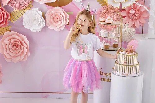 Vista 5 de DXTON Falda de tul con flores arcoíris para niñas, tutú para niñas