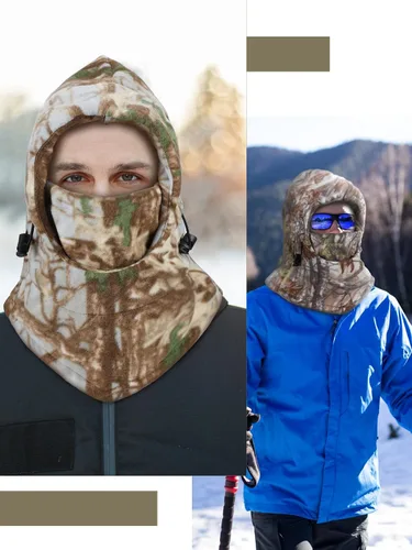 Vista 5 de 3 piezas de pasamontañas camuflaje para caza, máscara facial Sherpa con capucha, cubierta facial resistente al viento para clima frío, deportes