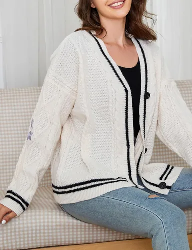 Vista 3 de Rixiland Suéter casual de manga larga con cuello en V para mujer, parte delantera abierta, de punto, estampado de estrellas, con botones