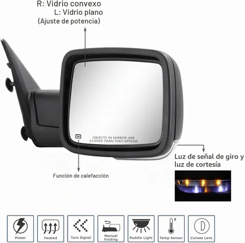 Vista 2 de Sanooer - Par de espejos laterales para Dodge Ram 1500 y 10-18 2500-3500 Sin pintar