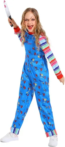 Vista 3 de jiobabe Disfraz de muñeca asesina para niños, disfraz de Halloween de terror