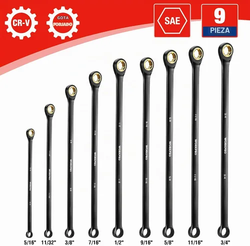 Vista 7 de WORKPRO - Juego de llaves de trinquete extralargas, 9 piezas, antideslizantes, doble extremo de caja, SAE 5/16-3/4 pulgadas, 72 dientes, llaves