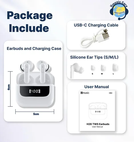 Vista 8 de Hmusic Auriculares inalámbricos H26 TWS, 4 micrófonos ENC intrauditivos Bluetooth 5.4, controladores de 0.512 in, pantalla LED de reproducción de 40
