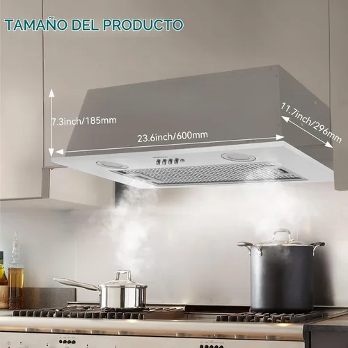 Vista 2 de Campana extractora integrada/insertada de 400 CFM de 24 pulgadas, ventilación de cocina convertible con conductos/sin conductos con luces LED de 3
