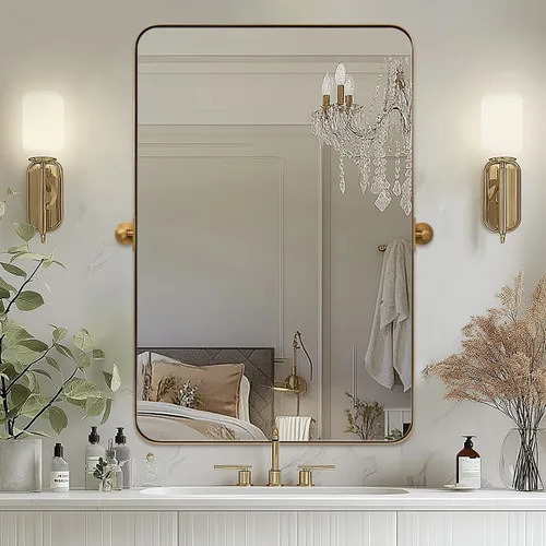 Vista 19 de Espejo giratorio Moon Mirror de oro cepillado, espejo inclinable de latón para tocador rectangular para baño, medidas totales 24.33 x 28 pulgadas