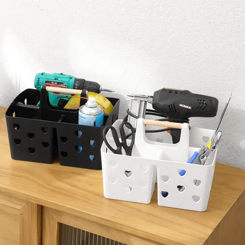 Vista 8 de Anyoifax Cesta de plástico portátil con mango de madera, organizador de almacenamiento dividido con compartimentos para baño, dormitorio