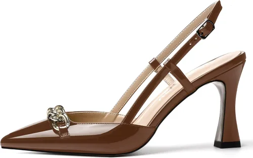 Vista 2 de SKYSTERRY Zapatos de tacón alto con punta puntiaguda casual de metal para mujer, con patente de patente de 3.3 pulgadas