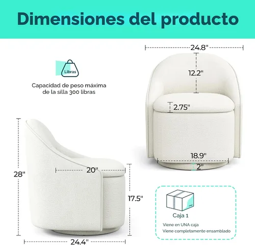 Vista 2 de LINSY Silla Giratoria de Acento con Almacenamiento, Cómodas Sillas de Barril de Chenilla, Pequeño Sillón Moderno Giratorio de 360 Grados para Sala