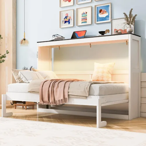 Vista 10 de Cama Murphy de tamaño matrimonial con estación de carga, marco de cama de pared de madera que ahorra espacio se puede plegar, armario de cama cubo