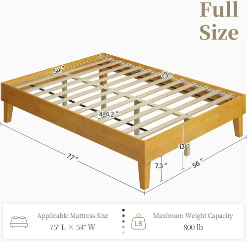 Vista 2 de Yaheetech Base de cama matrimonial con plataforma de madera maciza natural con soporte de listones de madera, espacio debajo de la cama de 12 Madera