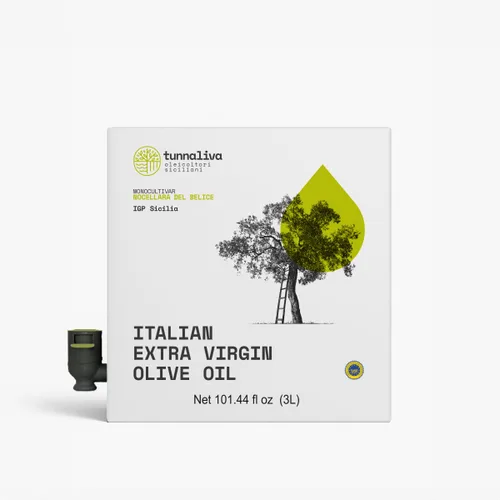 Vista 4 de Tunnaliva EVO Oil - Aceite de Oliva Virgen Extra Italiano - 100% Nocellara del Belice - IGP Sicilia - 101,44 fl oz Bolsa en caja