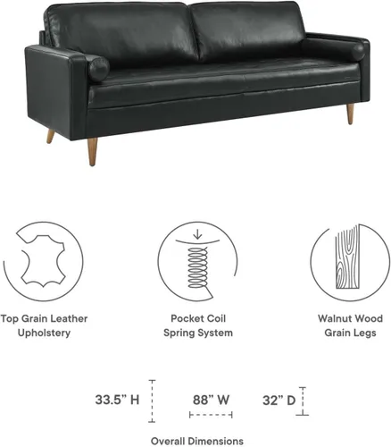 Vista 8 de Modway Valour - Sofá de cuero y espuma densa de 88 pulgadas con acabado negro