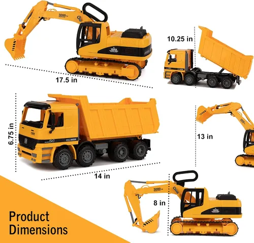 Vista 4 de Toy To Enjoy Juguetes de construcción – Excavadora y camión volquete de juguete para niños (juego de 2) – Garra movible y elevación trasera – Camión