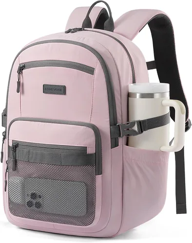 Vista 10 de LOVEVOOK Mochila para laptop para mujeres/hombres con correa de hebilla mejorada para portavasos y bolsillo de malla versátil, Negro, 15,6 pulg.
