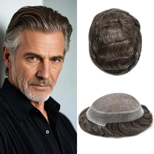Vista 102 de Toupee para hombres Piezas de pelo fino mono para hombre Toupee sistema de reemplazo de pelo para hombres línea capilar natural para hombre postizo