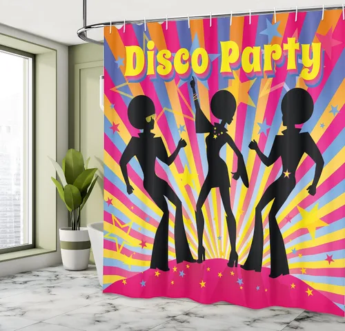 Vista 4 de Ambesonne Cortina de ducha de fiesta de los años 70, siluetas de gente bailarina, pelo afrodisco, impresión de exhibición, tela de tela con ganchos