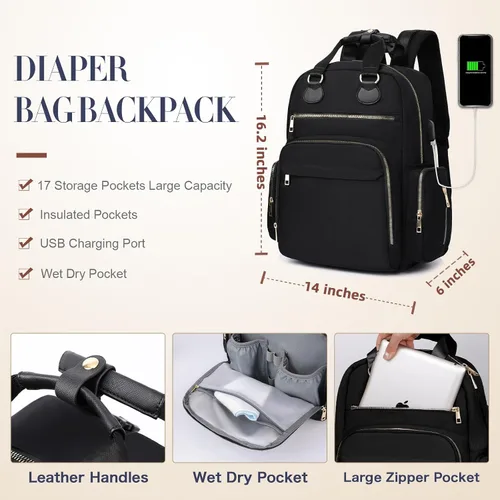 Vista 5 de Mochila para pañales de viaje con cambiador, 17 bolsillos, bolsillos aislados, puerto de carga USB, artículos esenciales para baby shower