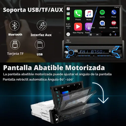 Vista 3 de Estéreo de automóvil de un solo DIN compatible con Apple Carplay y Android Auto, pantalla táctil HD plegable motorizada con flip de 7 pulgadas