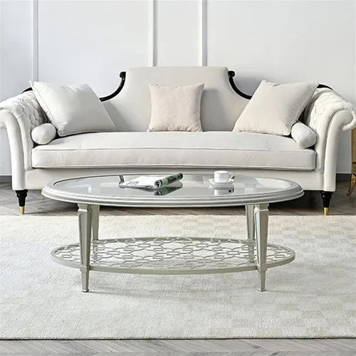 Vista 6 de Mesa de té para sala de estar, mesa de centro de cristal, mesa de centro ovalada de 2 niveles, parte superior de vidrio templado y estantes