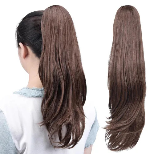 Vista 102 de Extensiones de cola de caballo, extensiones de cabello de cola de caballo con clip de garra marrón oscuro para mujer, pieza de cabello rizado