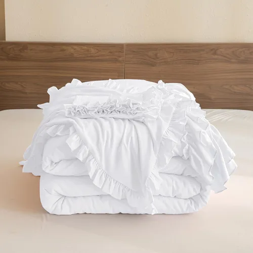 Vista 7 de QSH Edredón blanco brillante con volantes, tamaño individual, 3 piezas, ropa de cama con volantes, estilo bohemio, elegante, desgastado y elegante