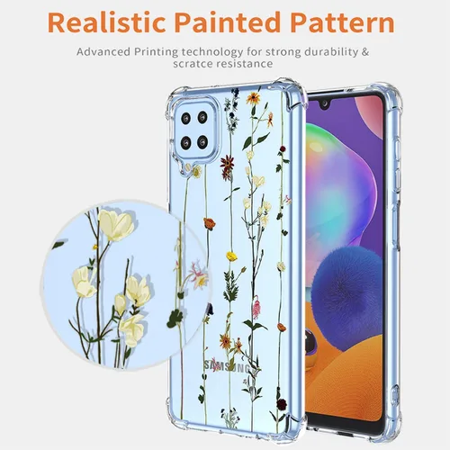 Vista 3 de Funda para Samsung Galaxy A12 4G/Galaxy A12 5G/Galaxy M12 SM-A125 con protector de pantalla, funda transparente con patrones de jardín de flores