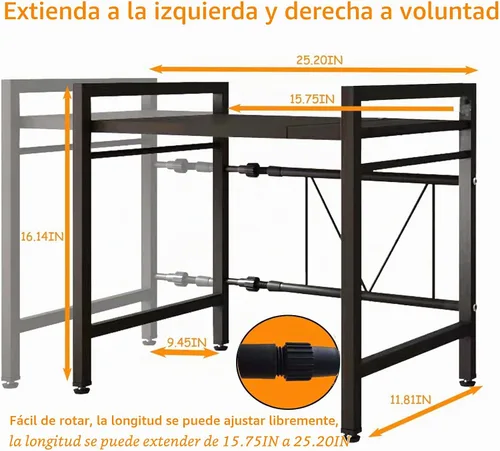 Vista 2 de Estante para horno de microondas, soporte para microondas, estante ajustable con 6 ganchos, estante para microondas, soporte para microondas