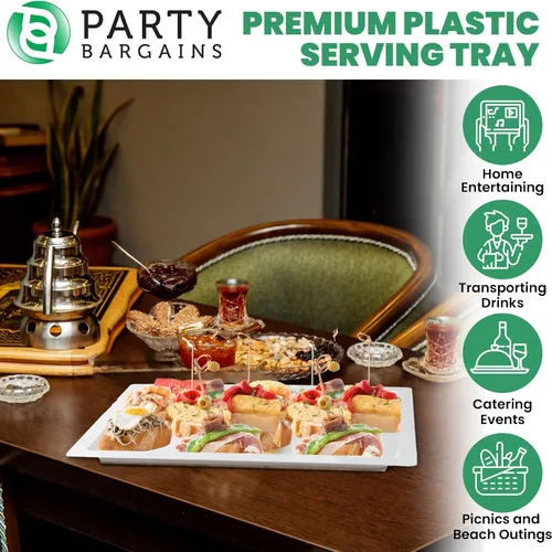 Vista 3 de PARTY BARGAINS Bandejas de plástico de 16 x 11 pulgadas, paquete de 4, bandejas desechables de plástico blanco, excelentes para bodas, bufés