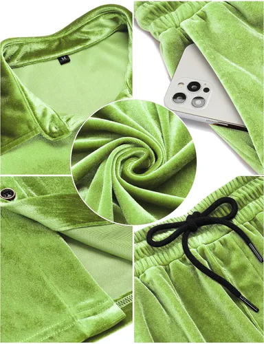 Vista 5 de LecGee Conjunto de pantalones cortos casuales de verano para hombre, camisa de terciopelo de manga corta con botones, pantalones cortos de cintura