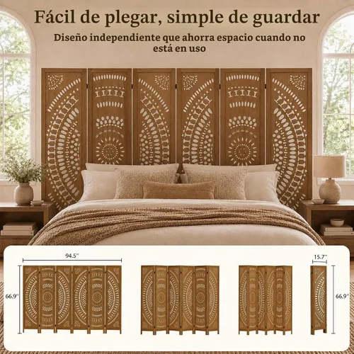 Vista 2 de Separador de pared de madera de 6 paneles de 6 pies, pantalla de división plegable, separador de pared independiente, decoración rústica bohemia
