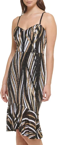 Vista 2 de GUESS Malla de lentejuelas para mujer midi con dobladillo con volantes