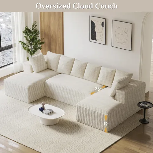 Vista 6 de Sofás seccionales en forma de U de gran tamaño de 131 pulgadas para sala de estar, cómodo sofá modular de pana esponjosa beige sin hueso, sofá