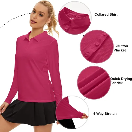 Vista 2 de Camisa polo de golf de manga larga para mujer, con protección solar UPF50+, absorbe la humedad, secado rápido