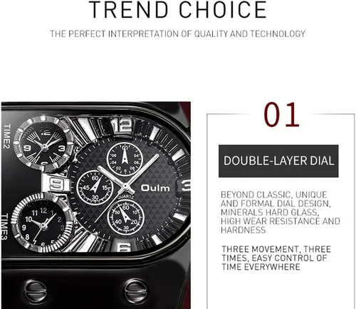 Vista 2 de Rusia Militar Ejército Multi-Time Zones 3 veces Reloj de cuero de cuarzo para hombre