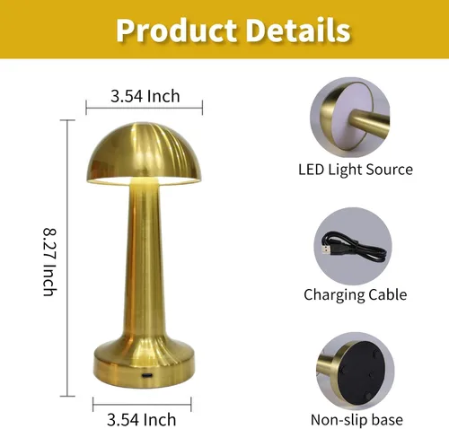 Vista 6 de Lámpara de mesa táctil de noche, luz nocturna recargable inalámbrica, funciona con pilas, lámpara de escritorio LED con 3 niveles de brillo para Oro