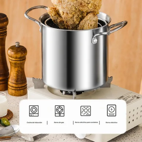Vista 2 de Olla para freír con cesta, olla de 3.5 litros de acero inoxidable pequeña freidora profunda con mango antiquemaduras olla de pescado y cesta