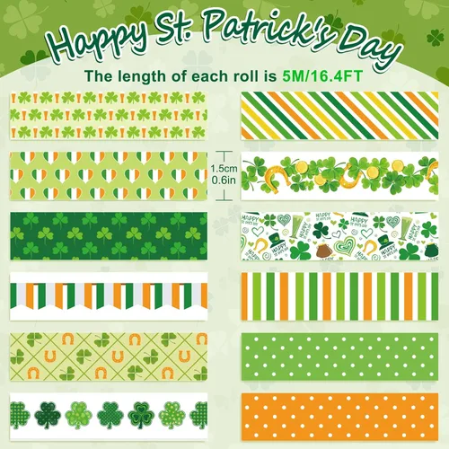 Vista 2 de Whaline 12 rollos de cinta washi del día de San Patricio, bandera irlandesa, cinta adhesiva Washi de trébol de la suerte, color naranja y verde